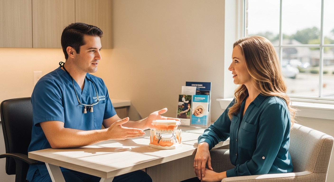Dentist consulting with a patient about overdenture implants in a modern clinic.