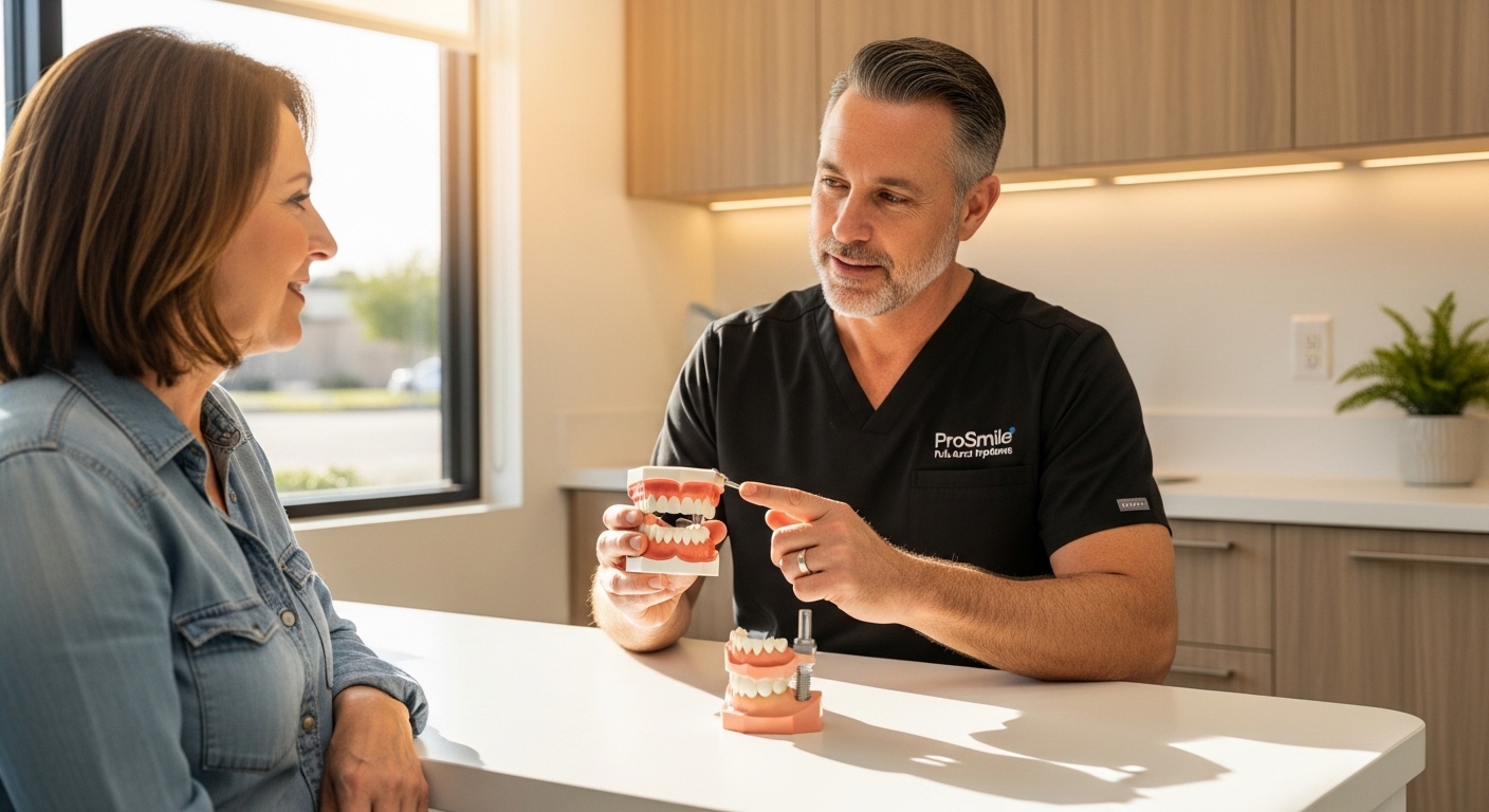 Patient consultation about dental implants in a modern dental clinic