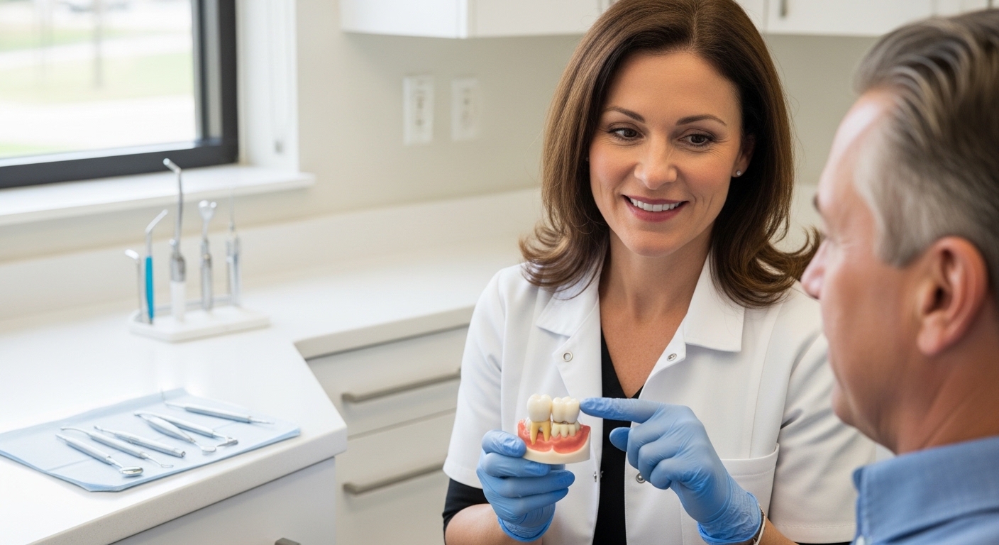 Dentist and patient discussing porcelain crowns in a modern dental office.