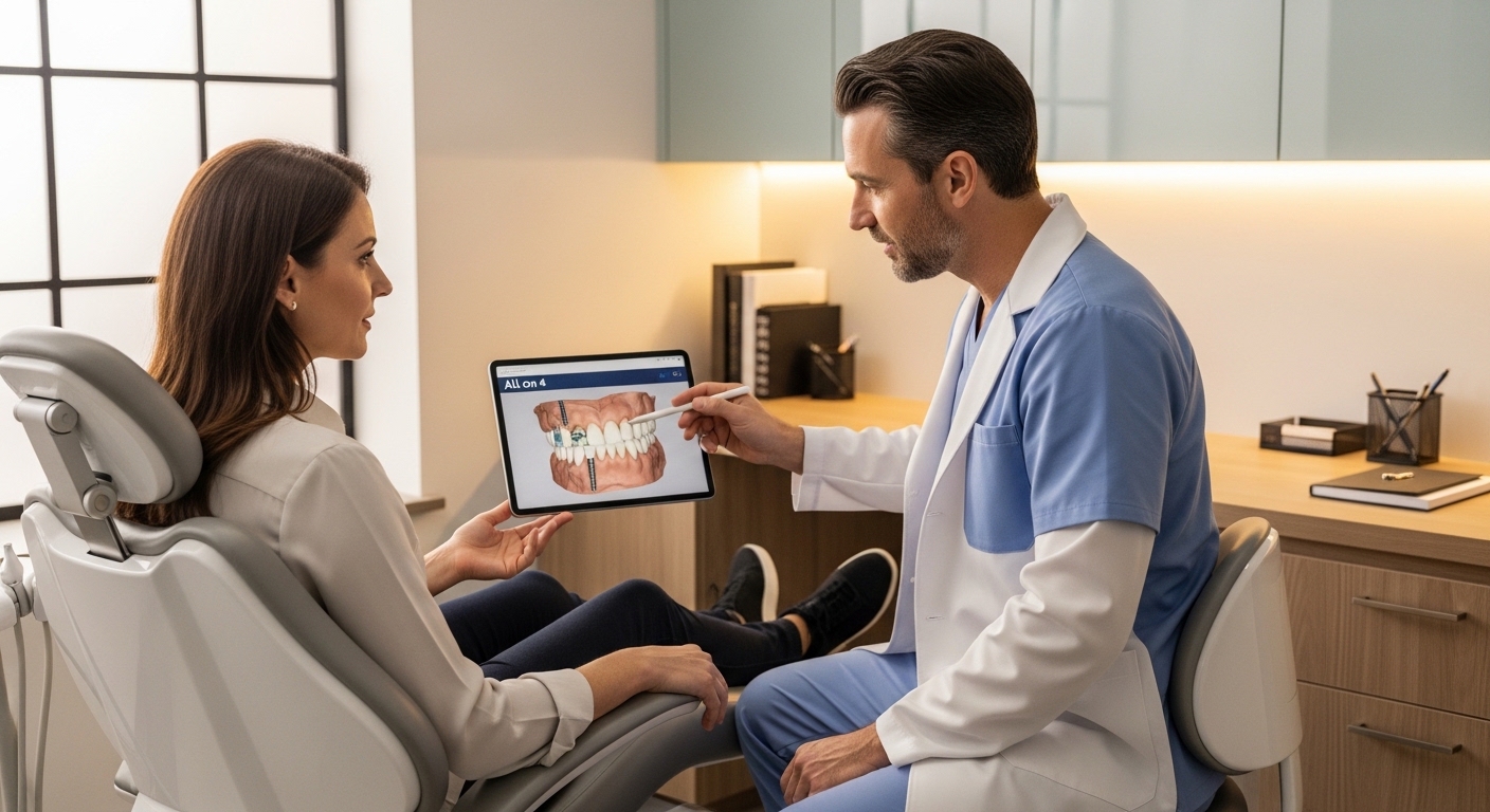 Consultation for All on 4 implants in a modern dental office